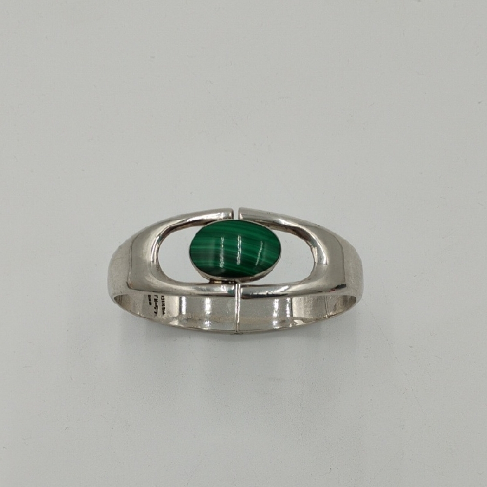 VIntage Sterling Silver 925 Large Malachite Bracelet Signed Cuff Clamp 60g